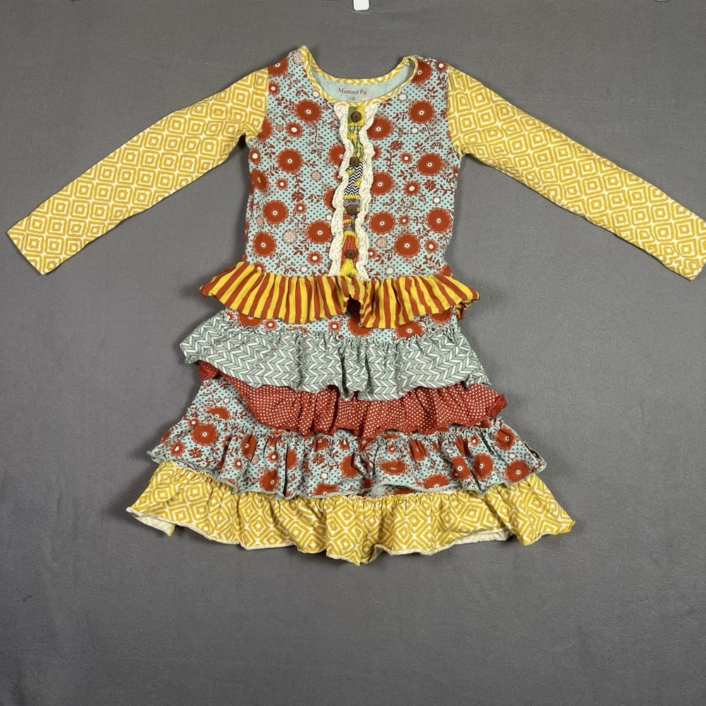 Mustard Pie Tiered Twirl Dress Girls 10 Multicolor Patchwork Boho Long Sleeve